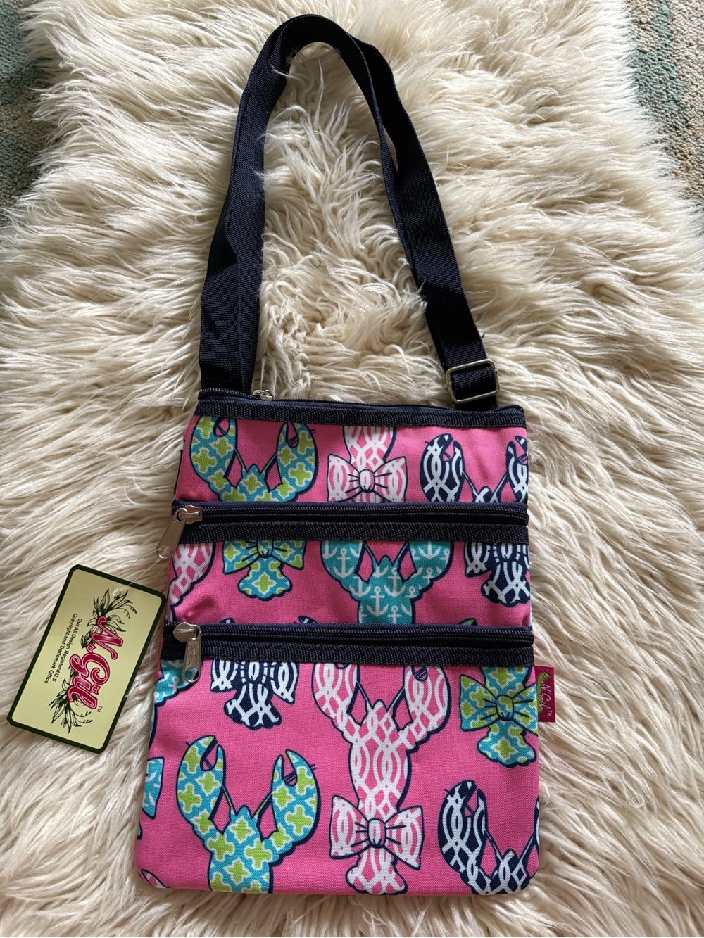 New NGIL Pink Navy Lobster Crossbody Travel Purse Handbag Hipster Bag Bows